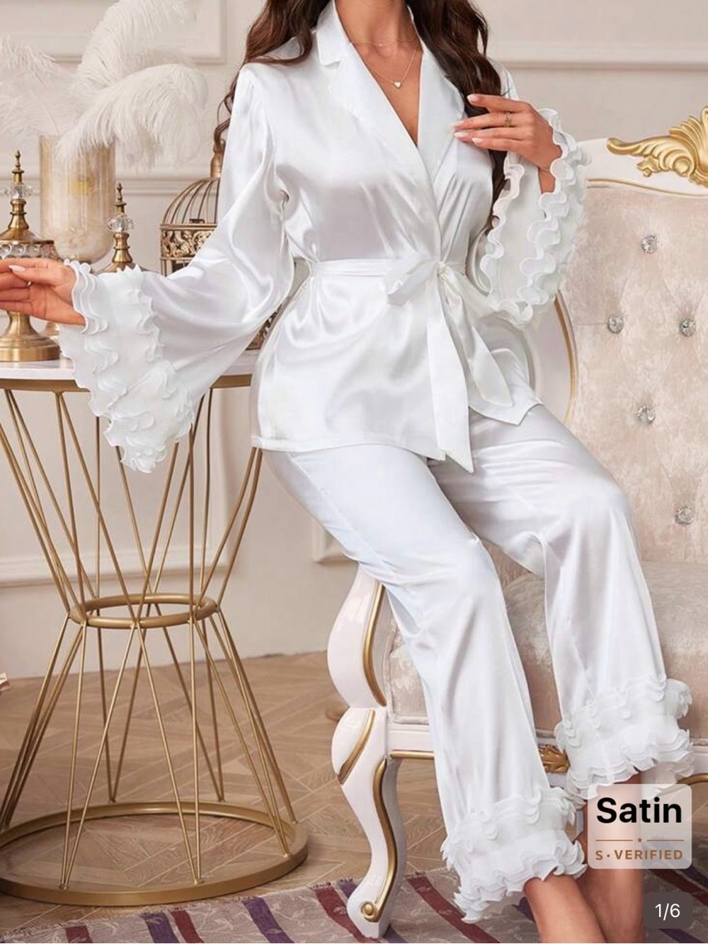 Women's Satin Pajama Set - White Ruffle Trim